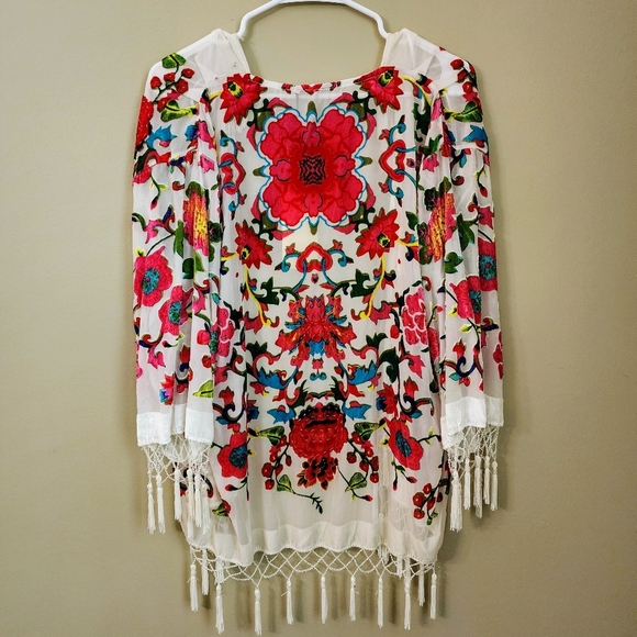Jayley Silk Floral Kimono Cream White devore Jacket Coverup with Tassels Onesize - Picture 5 of 16